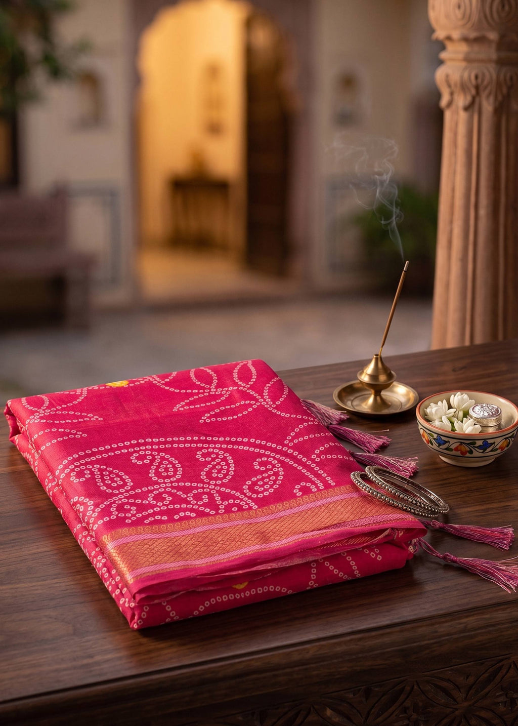 RANGT PURE SOFT COTTON WITH GOLDEN WEAVING BANDHANI AND AJRAK BLOCK PRINT PINK SAREE WITH BLOUSE