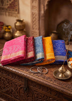 RANGT PURE SOFT COTTON WITH GOLDEN WEAVING BANDHANI AND AJRAK BLOCK PRINT PINK SAREE WITH BLOUSE