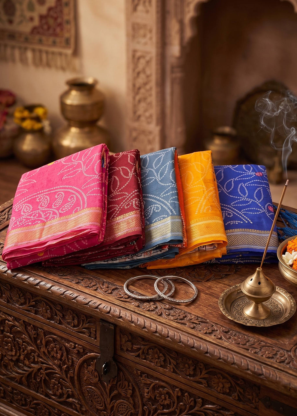 RANGT PURE SOFT COTTON WITH GOLDEN WEAVING BANDHANI AND AJRAK BLOCK PRINT YELLOW SAREE WITH BLOUSE