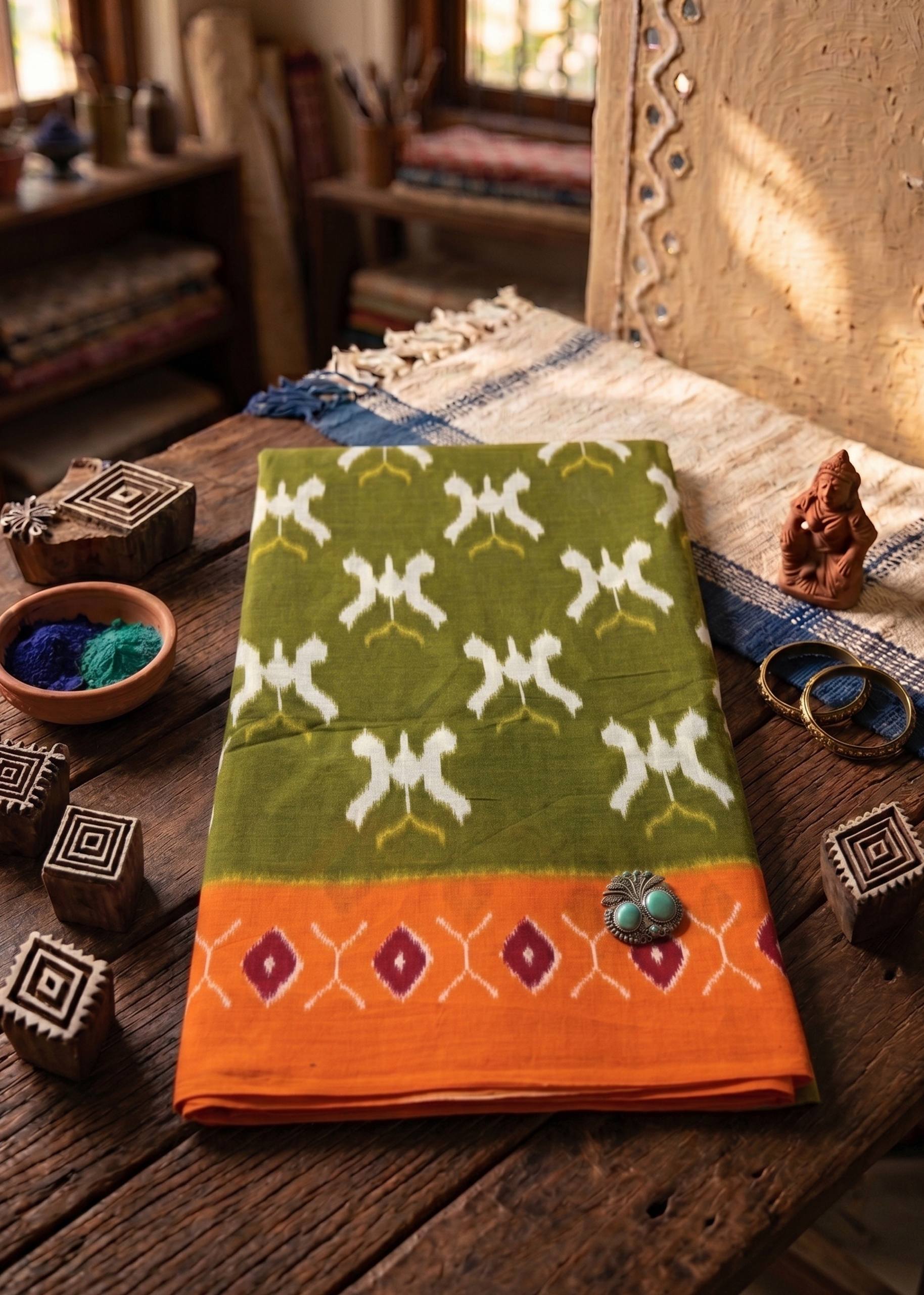 PURE SOFT COTTON JAIPUR BLOCK PRINT MEHANDI GREEN SAREE WITH BLOUSE