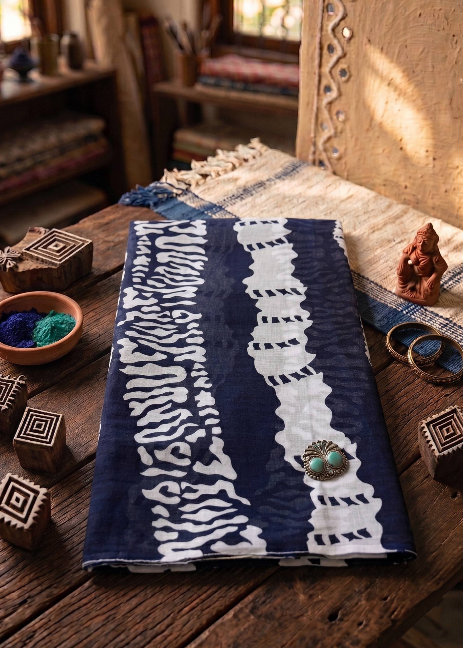 PURE SOFT COTTON JAIPUR BLOCK PRINT NEVY BLUE SAREE WITH BLOUSE