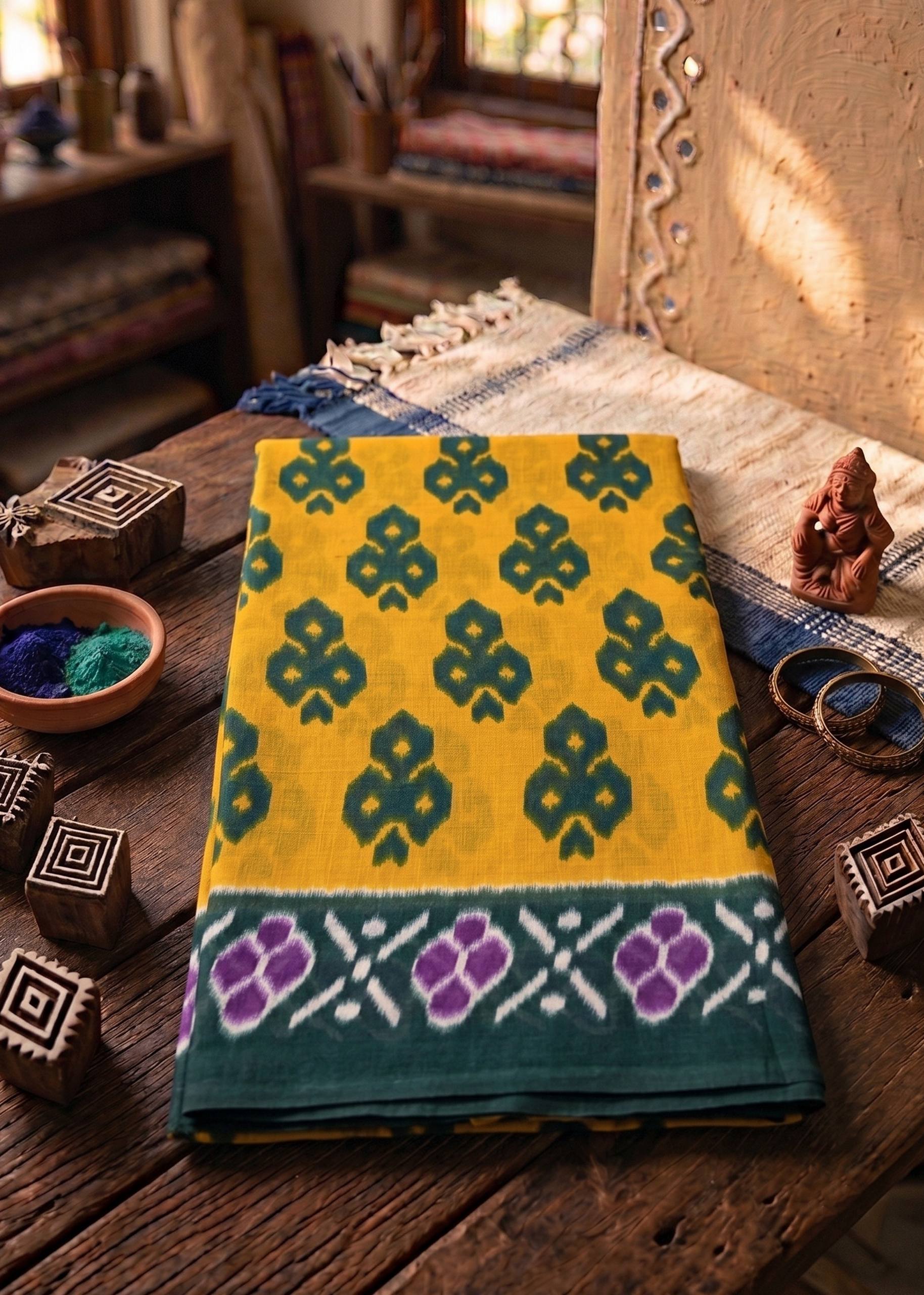 PURE SOFT COTTON JAIPUR BLOCK PRINT YELLOW SAREE WITH BLOUSE