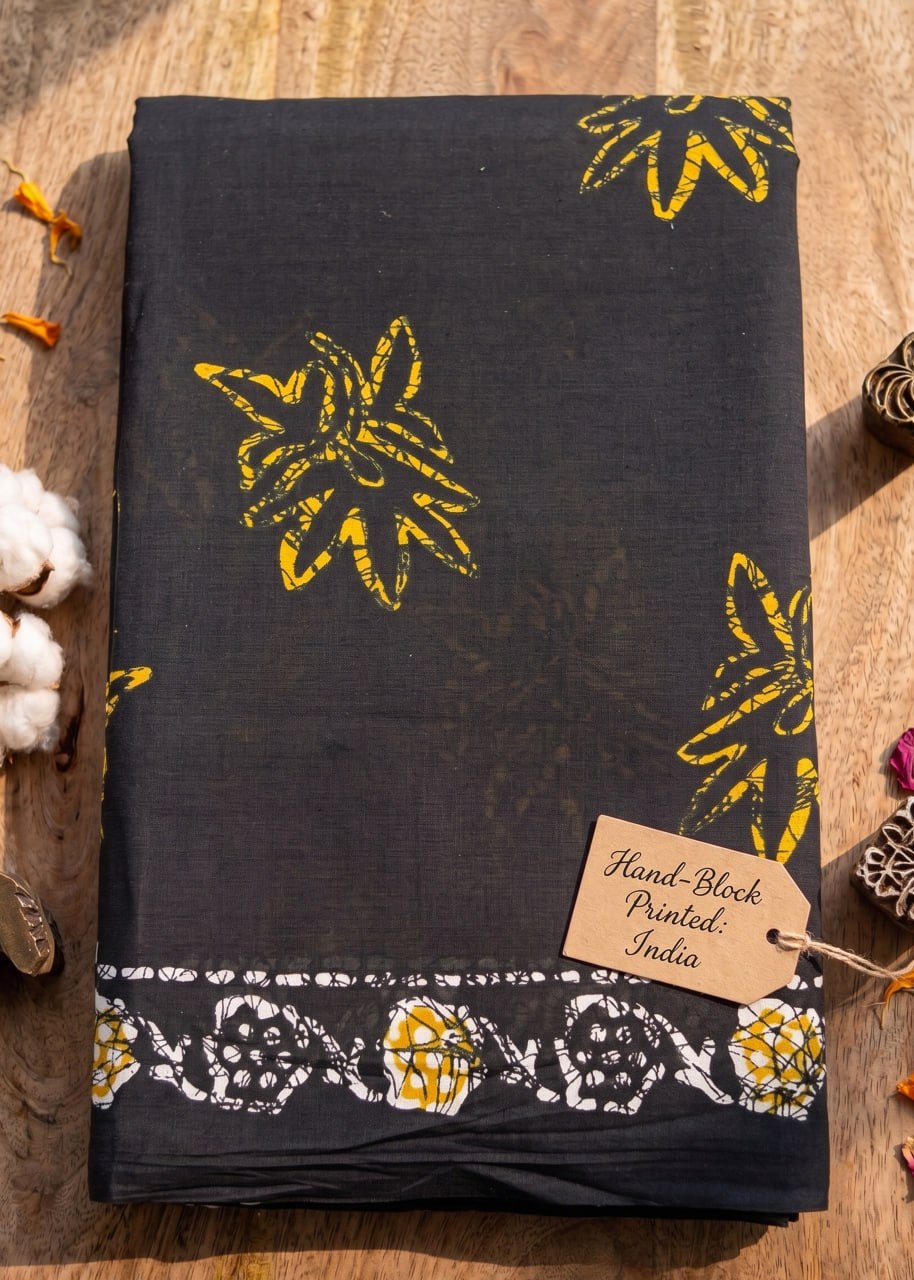 PURE SOFT COTTON JAIPUR BLOCK PRINT BLACK AND YELLOW SAREE WITH BLOUSE