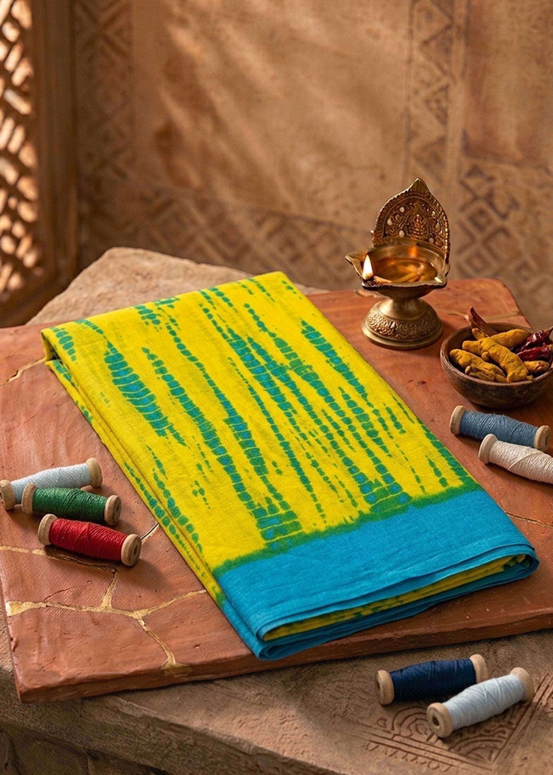 PURE SOFT COTTON JAIPUR BLOCK PRINT YELLOW AND BLUE SAREE WITH BLOUSE