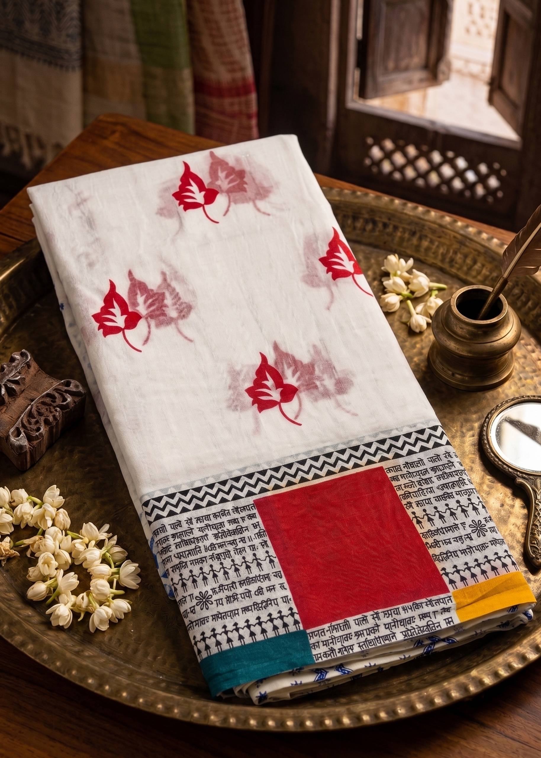 PURE SOFT COTTON JAIPUR BLOCK PRINT WHITE AND RED SAREE WITH BLOUSE