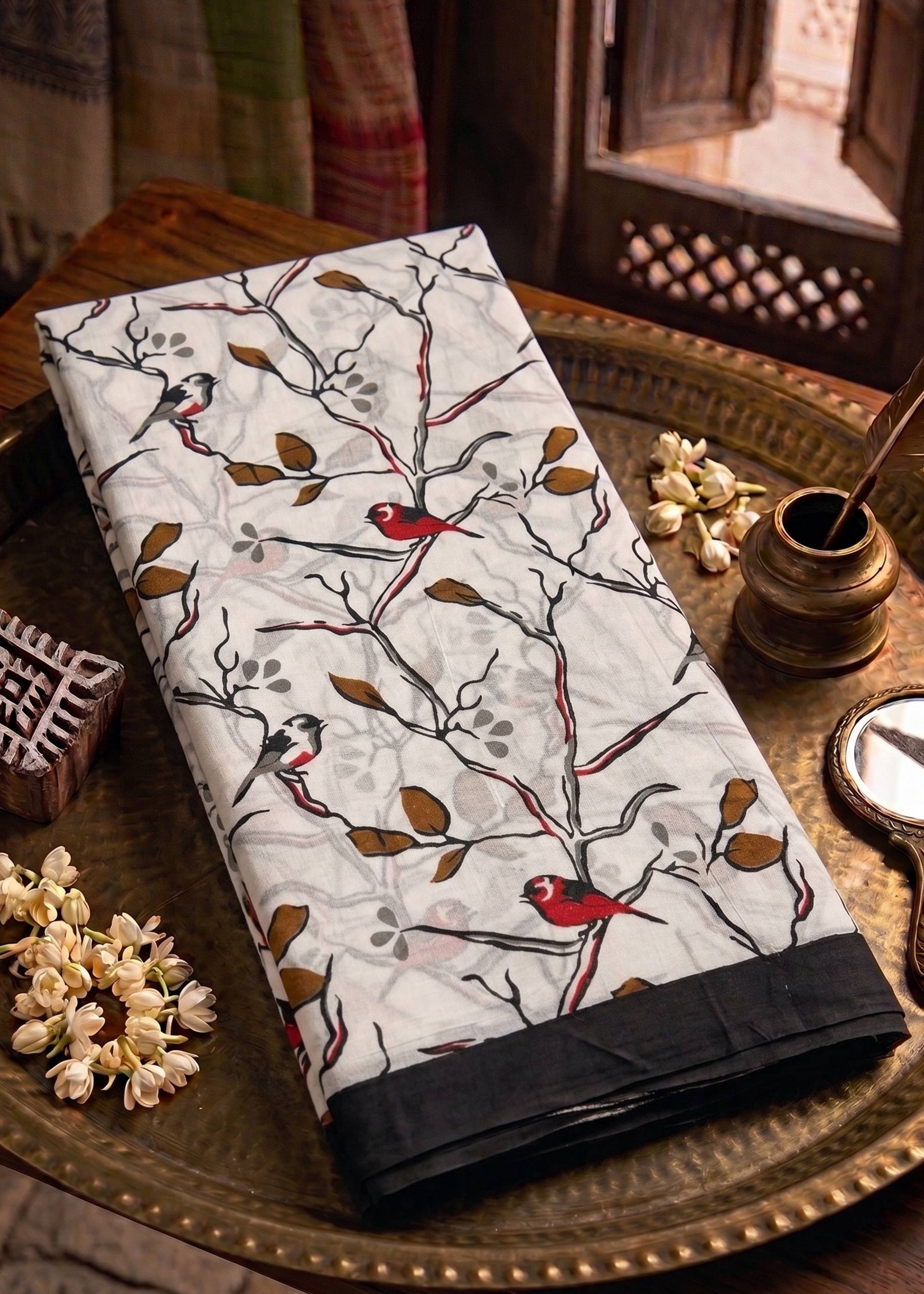 PURE SOFT COTTON JAIPUR BLOCK PRINT WHITE AND BLACK SAREE WITH BLOUSE