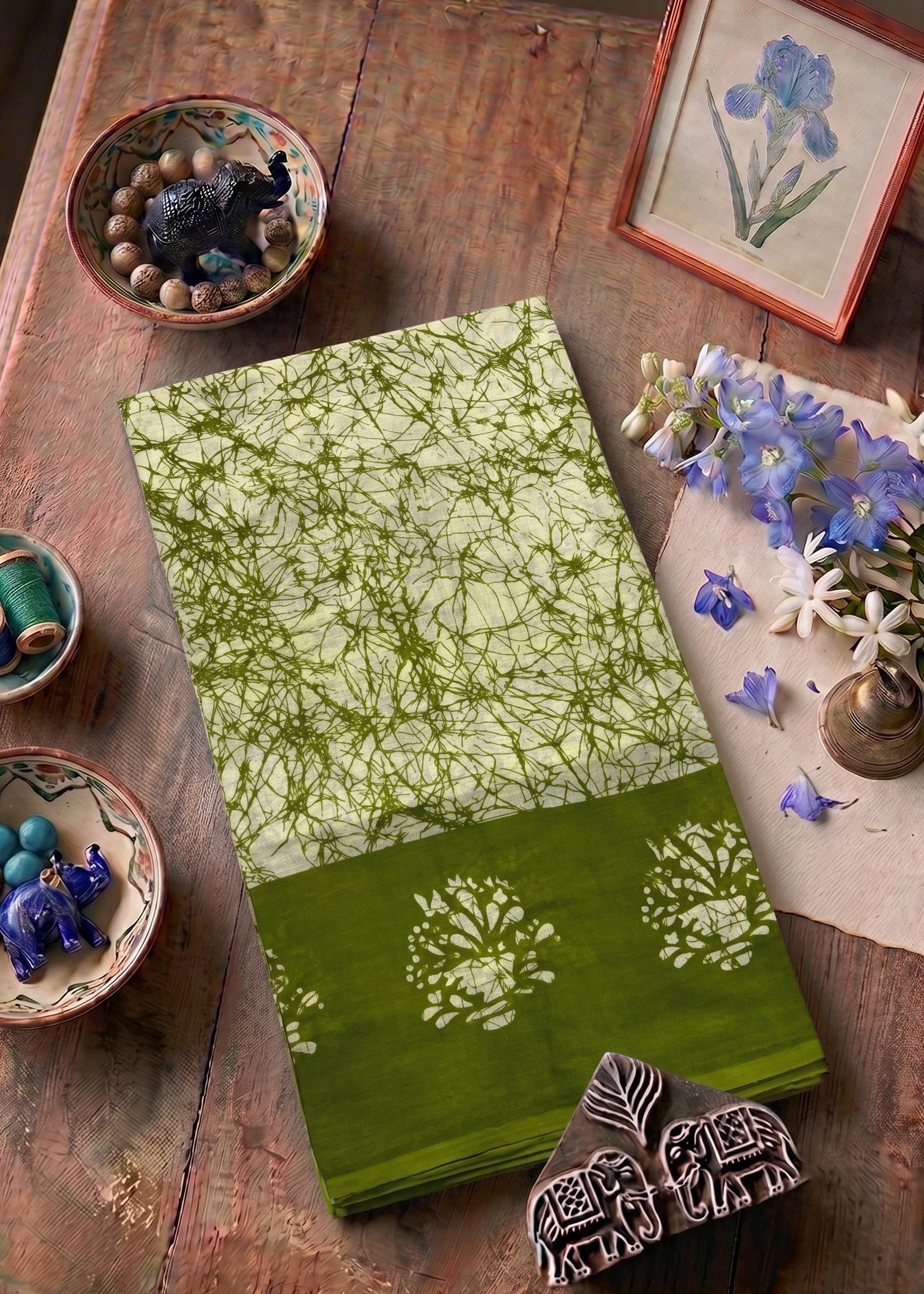 PURE SOFT COTTON JAIPUR BLOCK PRINT GREEN SAREE WITH BLOUSE
