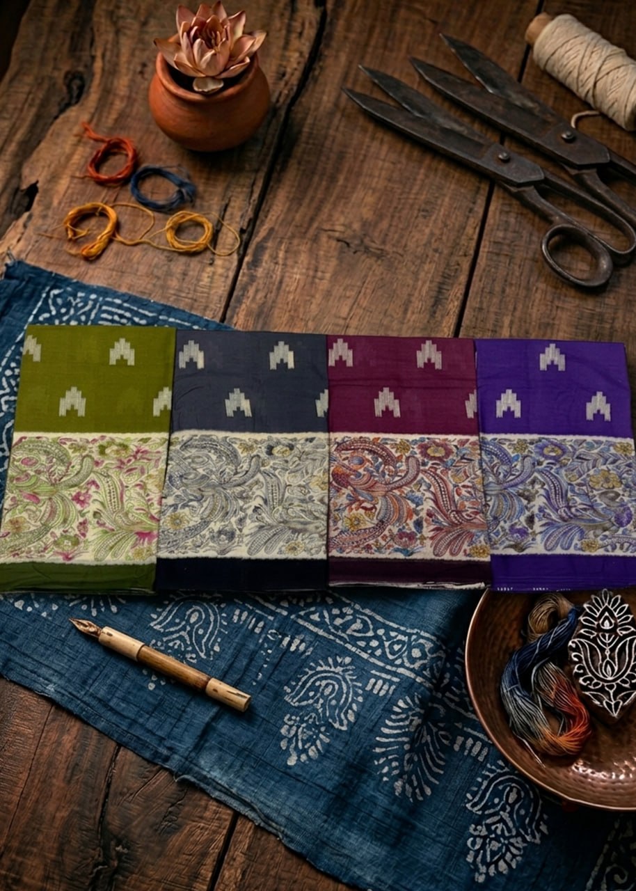 PREMIUM SOFT IKAT STYLE COTTON KALAMKARI PURPLE SAREE WITH BLOUSE