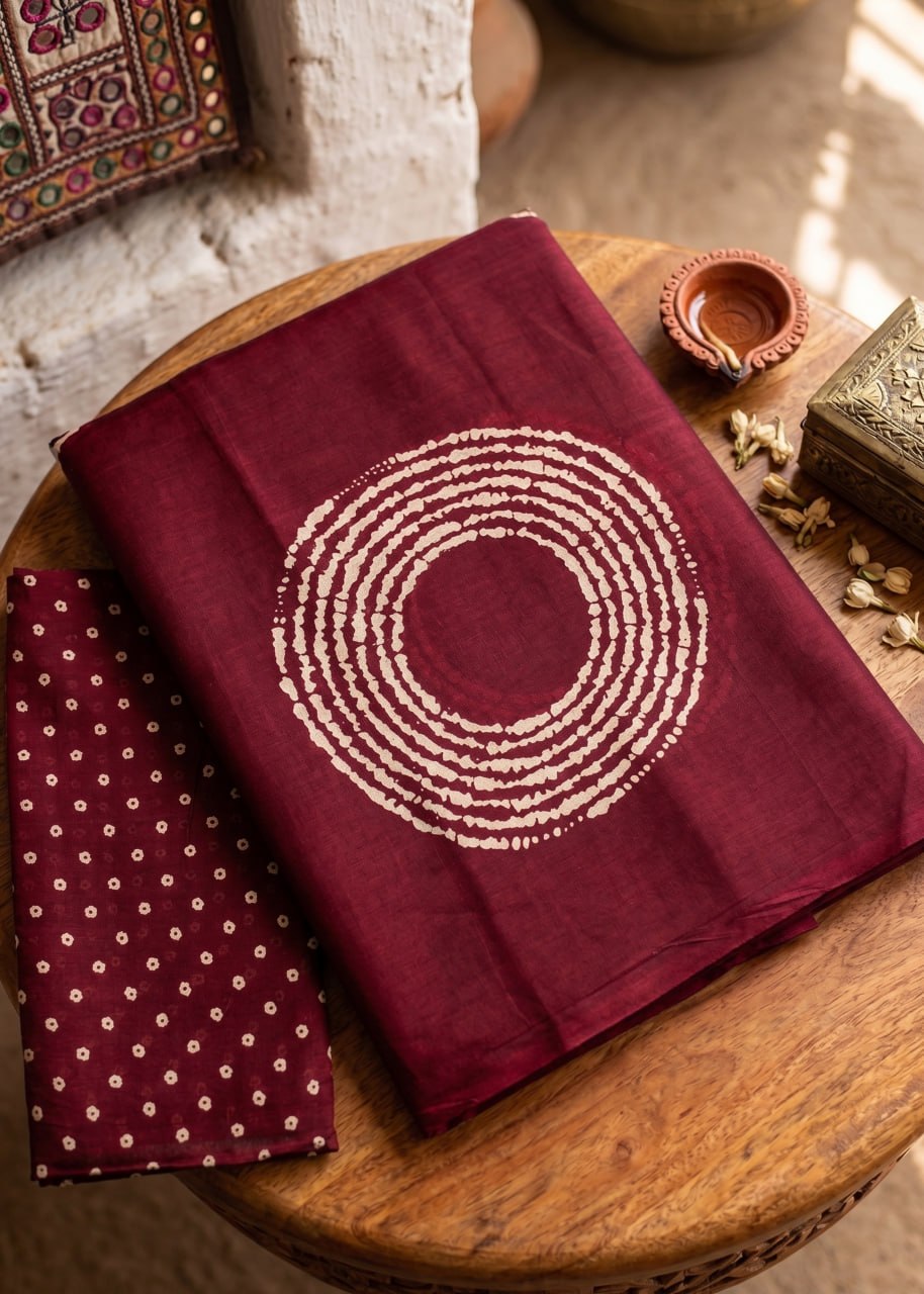 PURE MULMUL COTTON AJRAKH BANDHEJ HAND BLOCK PRINT ULTRA SOFT & LIGHTWEIGHT MAROON SAREE WITH BLOUSE
