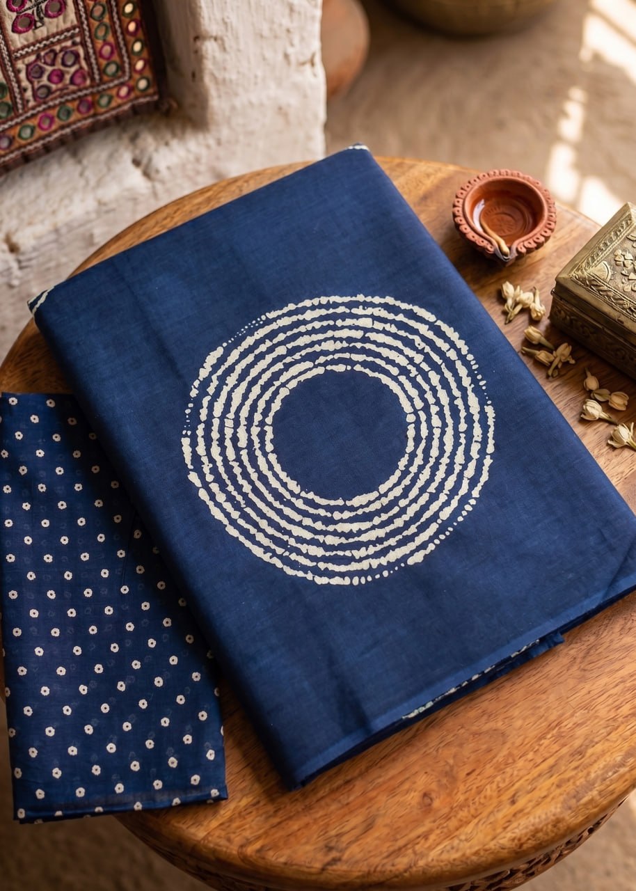PURE MULMUL COTTON AJRAKH BANDHEJ HAND BLOCK PRINT ULTRA SOFT & LIGHTWEIGHT NEVY BLUE SAREE WITH BLOUSE