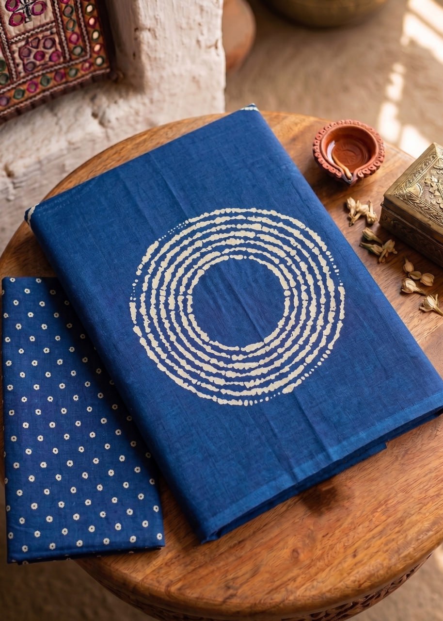 PURE MULMUL COTTON AJRAKH BANDHEJ HAND BLOCK PRINT ULTRA SOFT & LIGHTWEIGHT BLUE SAREE WITH BLOUSE