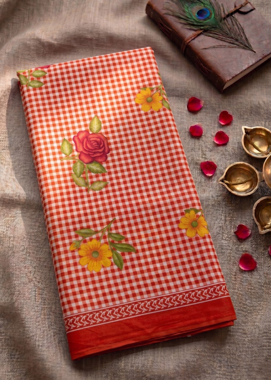 MULMUL PURE SOFT COTTON FLOWER PRINT RED SAREE WITH BLOUSE