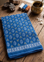PREMIUM PURE COTTON  SOFT & BREATHABLE BLOCK PRINT BLUE SAREE WITH BLOUSE