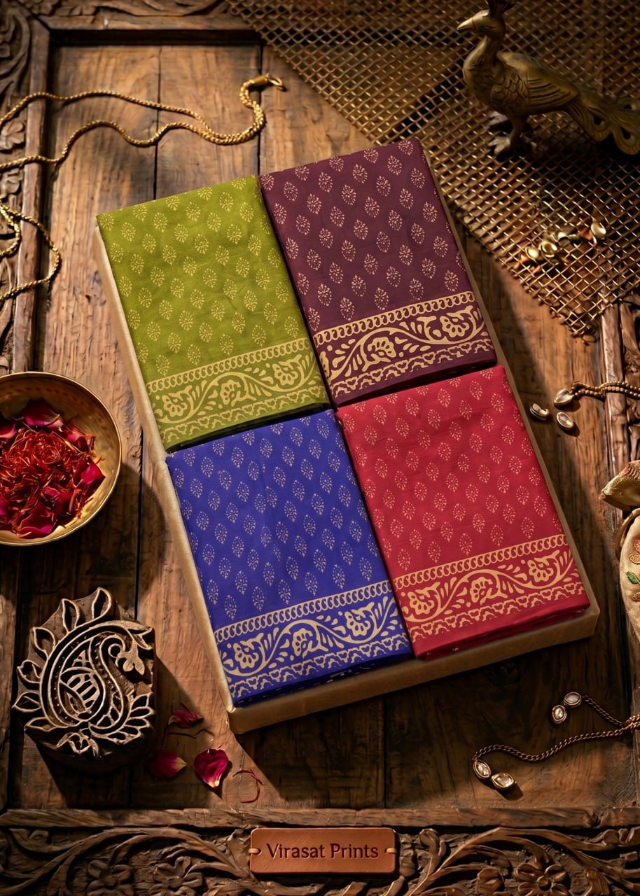 VIRASAT PRINTS PREMIUM SOFT COTTON BLUE SAREE WITH BLOUSE