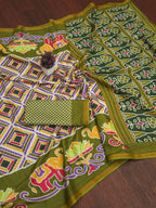MULMUL SOFT MASLIN COTTON WITH HEVY ZARI BODAR MEHANDI GREEN SAREE WITH BLOUSE