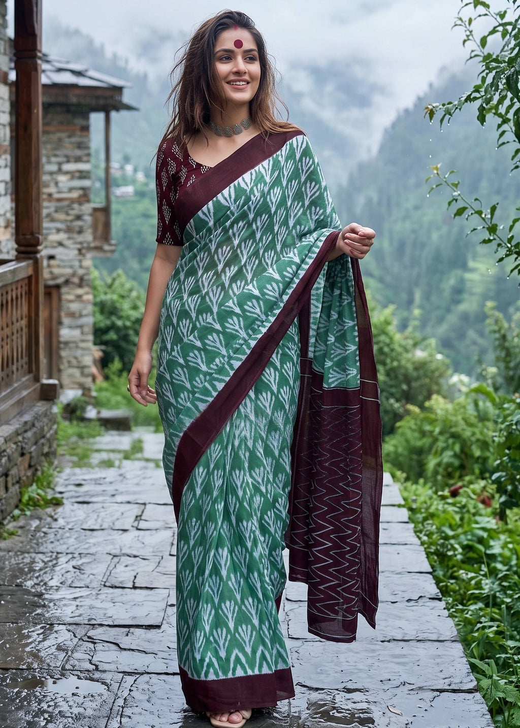 PURE SOFT COTTON  IKKAT PRINT GREEN SAREE WITH BLOUSE