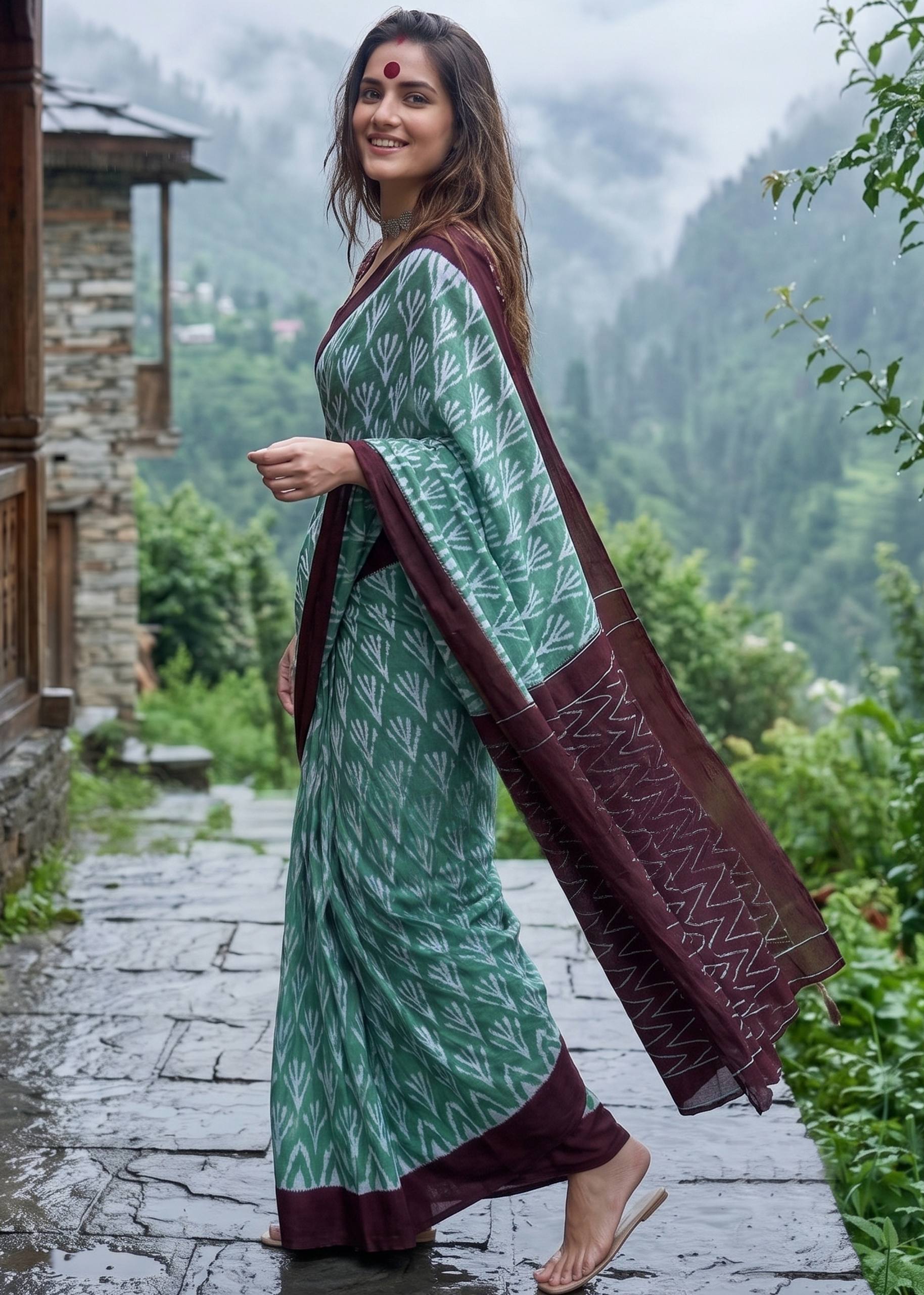 PURE SOFT COTTON  IKKAT PRINT GREEN SAREE WITH BLOUSE