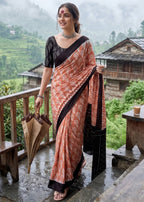 PURE SOFT COTTON  IKKAT PRINT ORANGE SAREE WITH BLOUSE