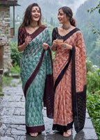 PURE SOFT COTTON  IKKAT PRINT GREEN SAREE WITH BLOUSE