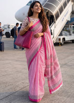 PURE MULMUL COTTON HAND BLOCK PRINT PINK SAREE WITH BLOUSE