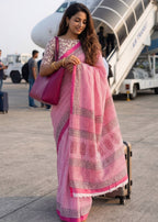 PURE MULMUL COTTON HAND BLOCK PRINT PINK SAREE WITH BLOUSE