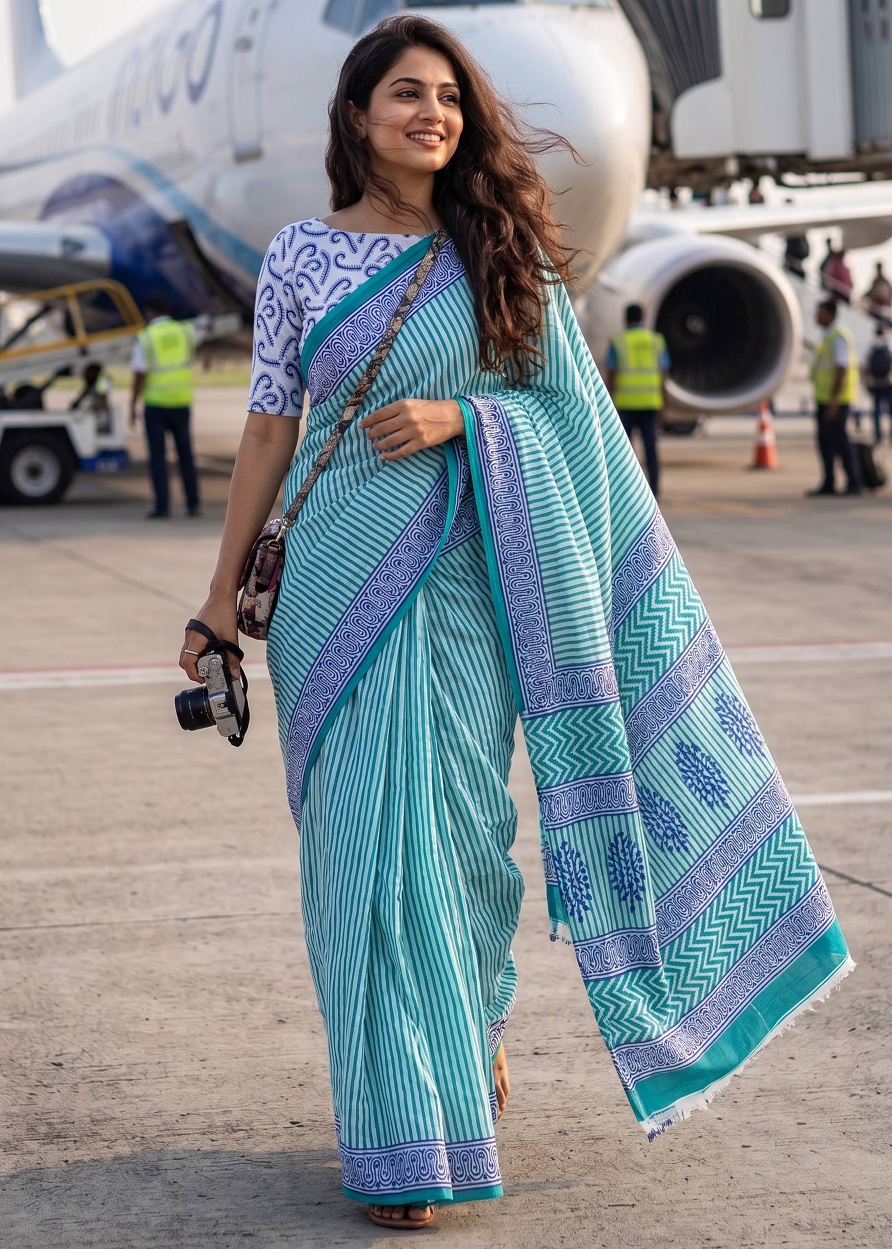 PURE MULMUL COTTON HAND BLOCK PRINT SKY BLUE SAREE WITH BLOUSE