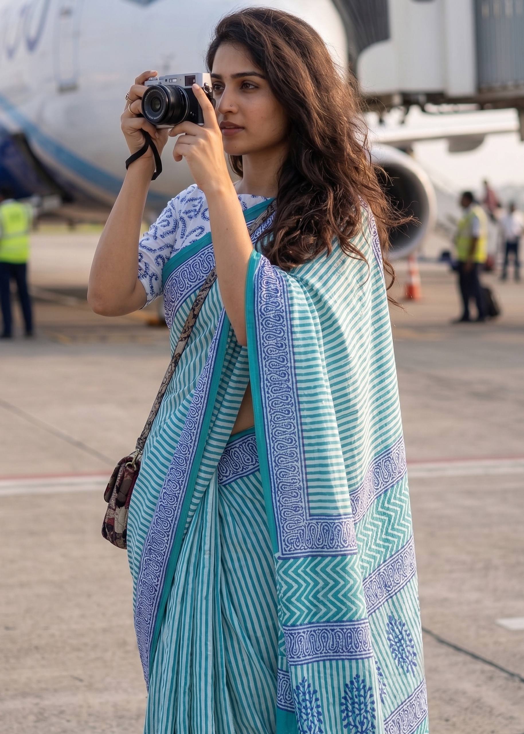 PURE MULMUL COTTON HAND BLOCK PRINT SKY BLUE SAREE WITH BLOUSE