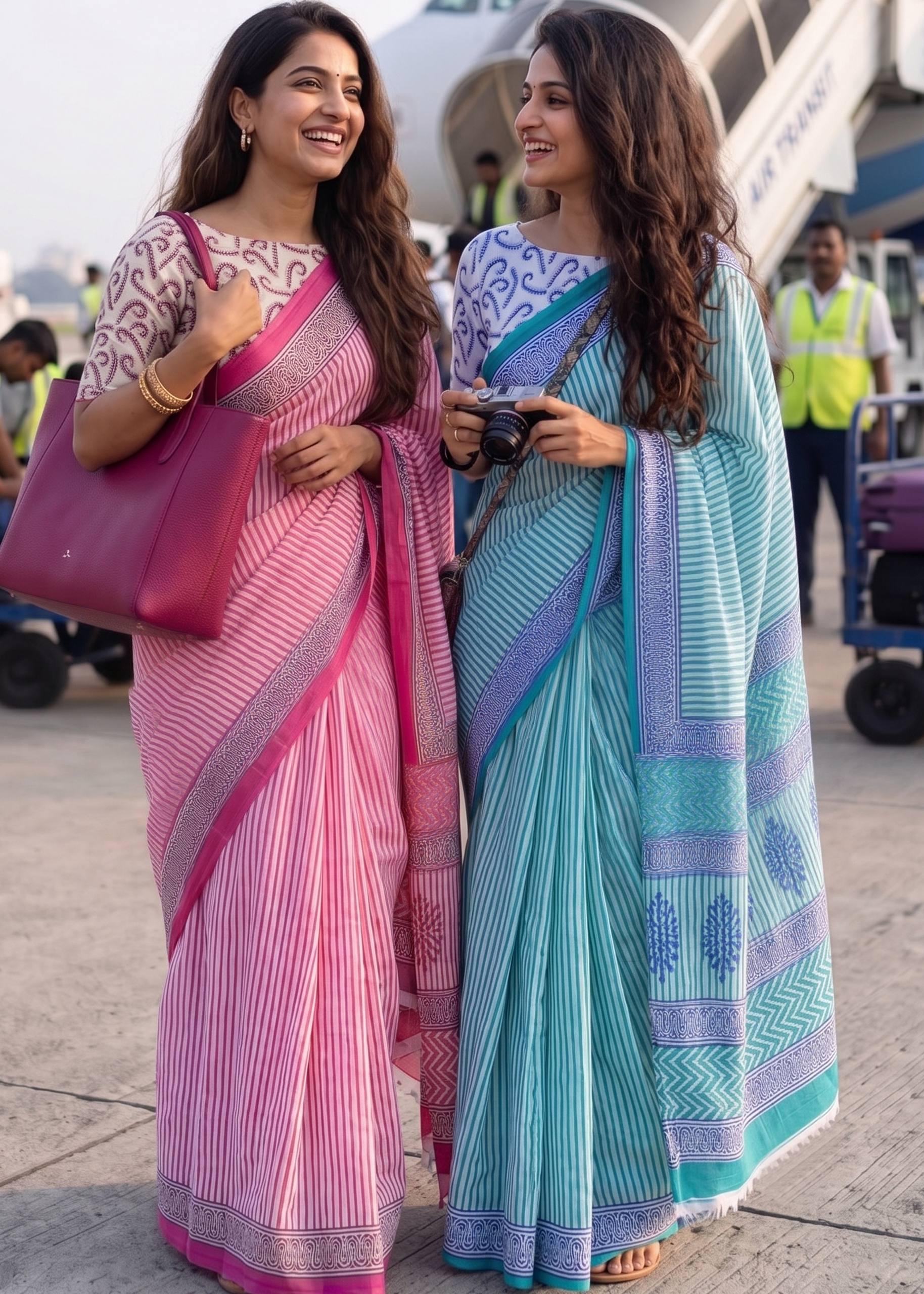 PURE MULMUL COTTON HAND BLOCK PRINT PINK SAREE WITH BLOUSE