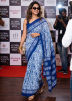 PURE MULMUL COTTON BATIK HAND BLOCK PRINT BLUE SAREE WITH BLOUSE