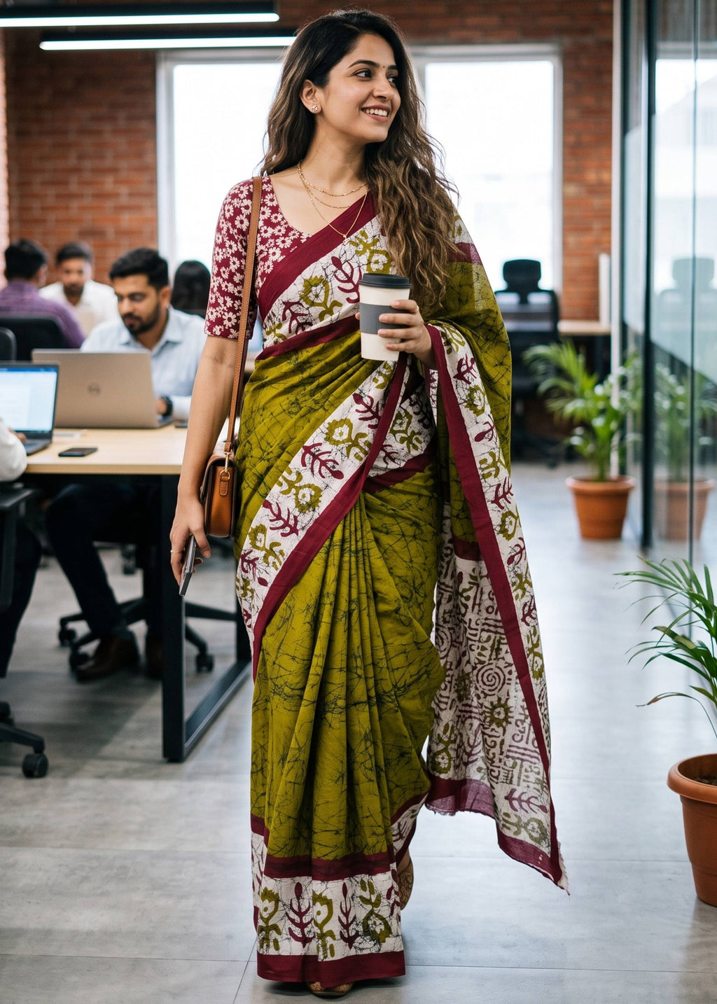 PURE SOFT MULMUL COTTON BATIK HAND BLOCK PRINT OLIVE GREEN SAREE WITH BLOUSE