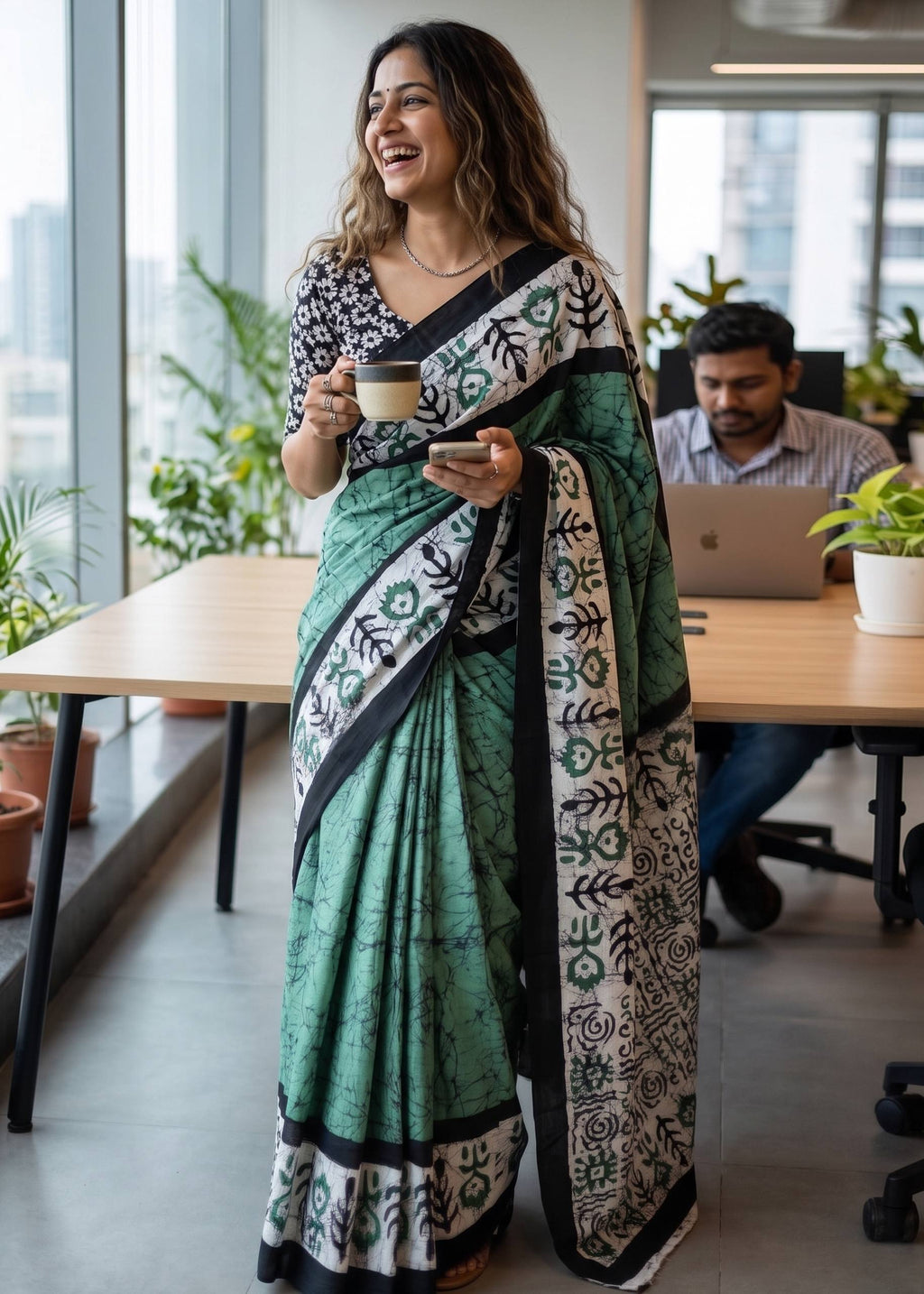 PURE SOFT MULMUL COTTON BATIK HAND BLOCK PRINT TEAL SAREE WITH BLOUSE