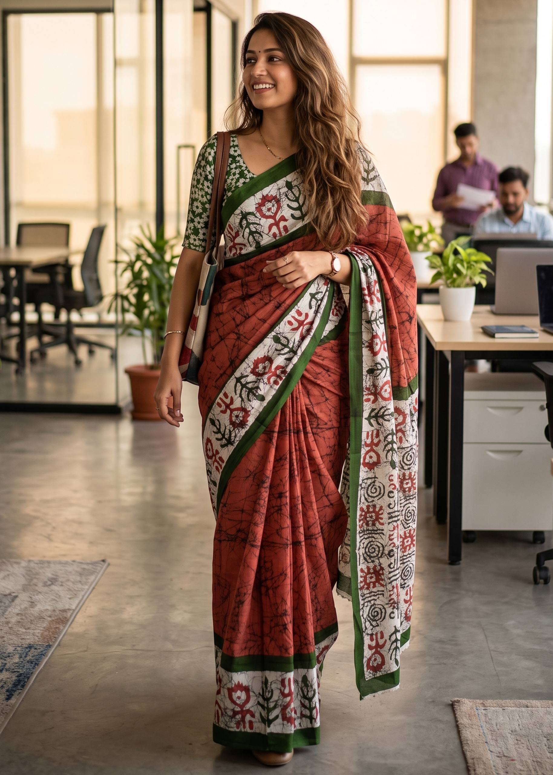 PURE SOFT MULMUL COTTON BATIK HAND BLOCK PRINT ORANGE SAREE WITH BLOUSE
