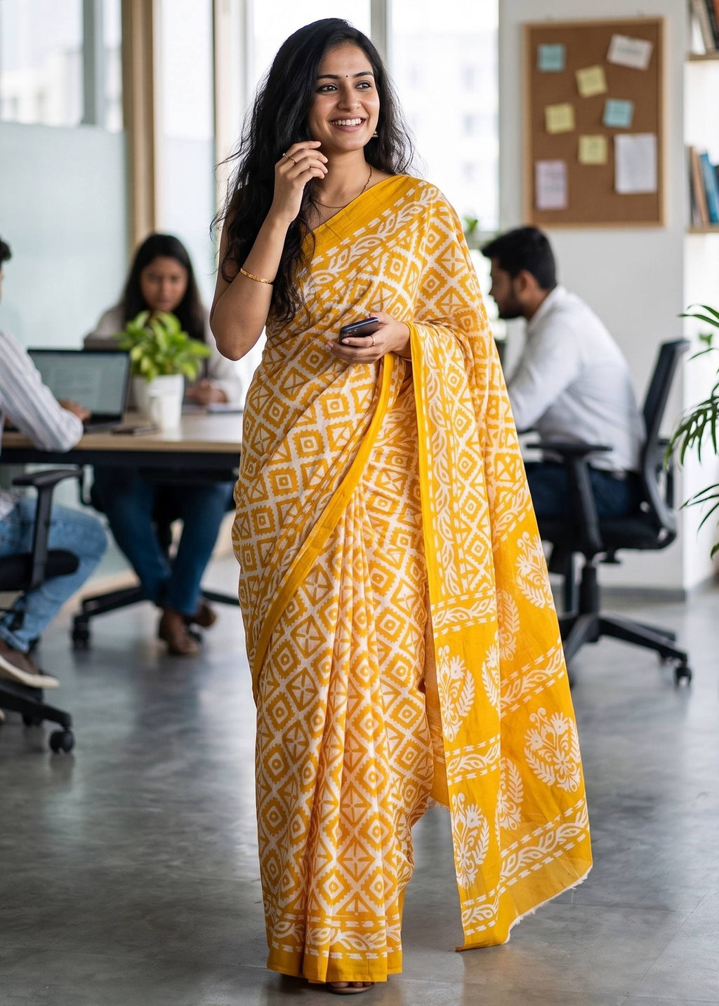 PURE SOFT MULMUL COTTON BATIK HAND BLOCK PRINT YELLOW SAREE WITH BLOUSE