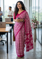 PURE SOFT MULMUL COTTON BATIK HAND BLOCK PRINT MAGENTA SAREE WITH BLOUSE
