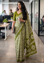 PURE SOFT MULMUL COTTON BATIK HAND BLOCK PRINT OLIVE GREEN SAREE WITH BLOUSE