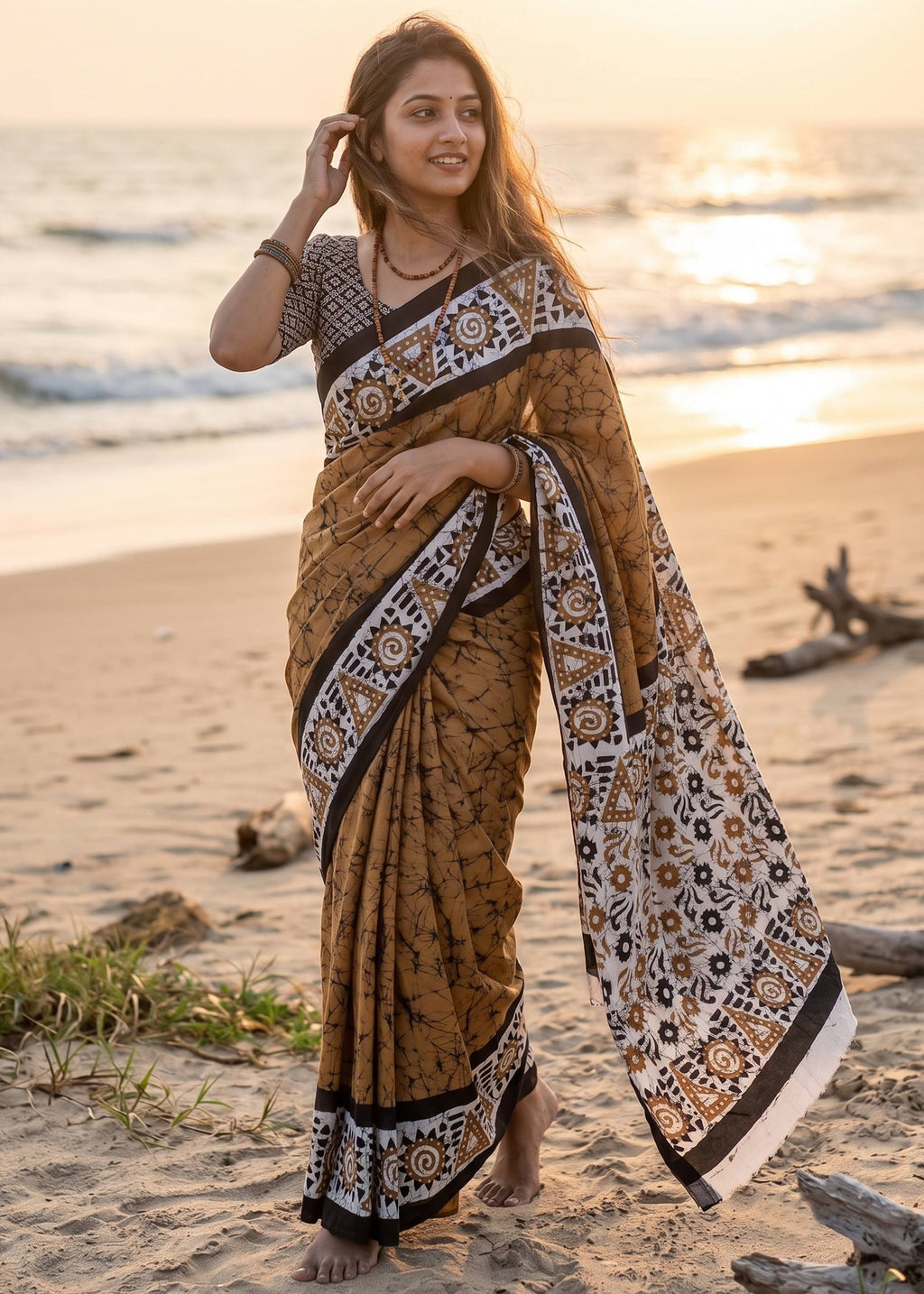 PURE SOFT MULMUL COTTON BATIK HAND BLOCK PRINT GOLDEN COLOR SAREE WITH BLOUSE