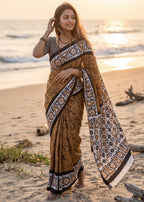 PURE SOFT MULMUL COTTON BATIK HAND BLOCK PRINT GOLDEN COLOR SAREE WITH BLOUSE
