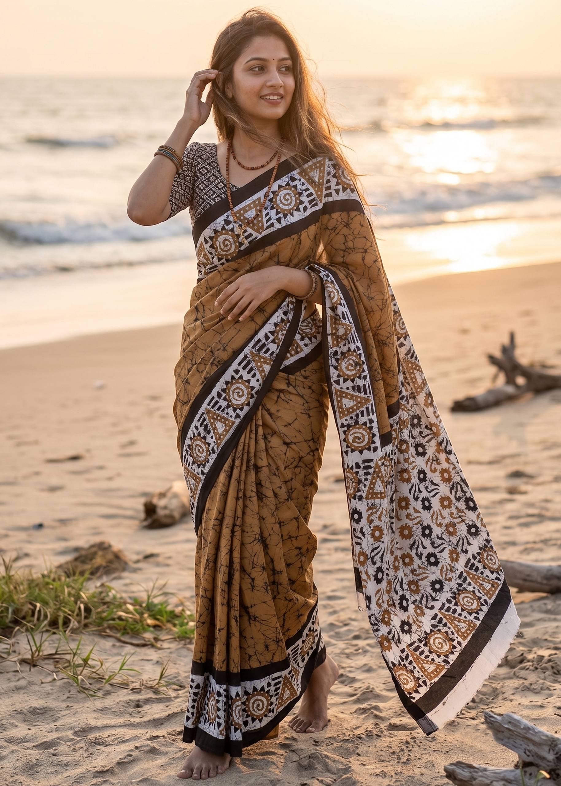 PURE SOFT MULMUL COTTON BATIK HAND BLOCK PRINT GOLDEN COLOR SAREE WITH BLOUSE