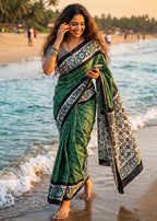 PURE SOFT MULMUL COTTON BATIK HAND BLOCK PRINT TEAL SAREE WITH BLOUSE