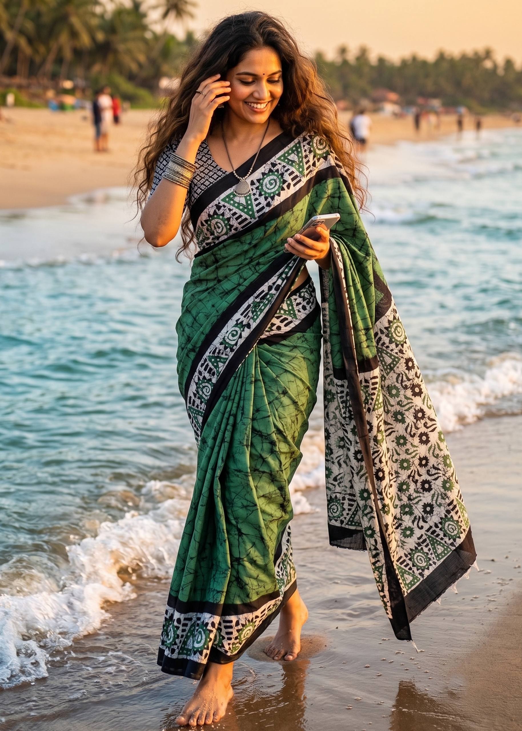 PURE SOFT MULMUL COTTON BATIK HAND BLOCK PRINT TEAL SAREE WITH BLOUSE
