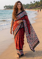 PURE SOFT MULMUL COTTON BATIK HAND BLOCK PRINT MAROON SAREE WITH BLOUSE