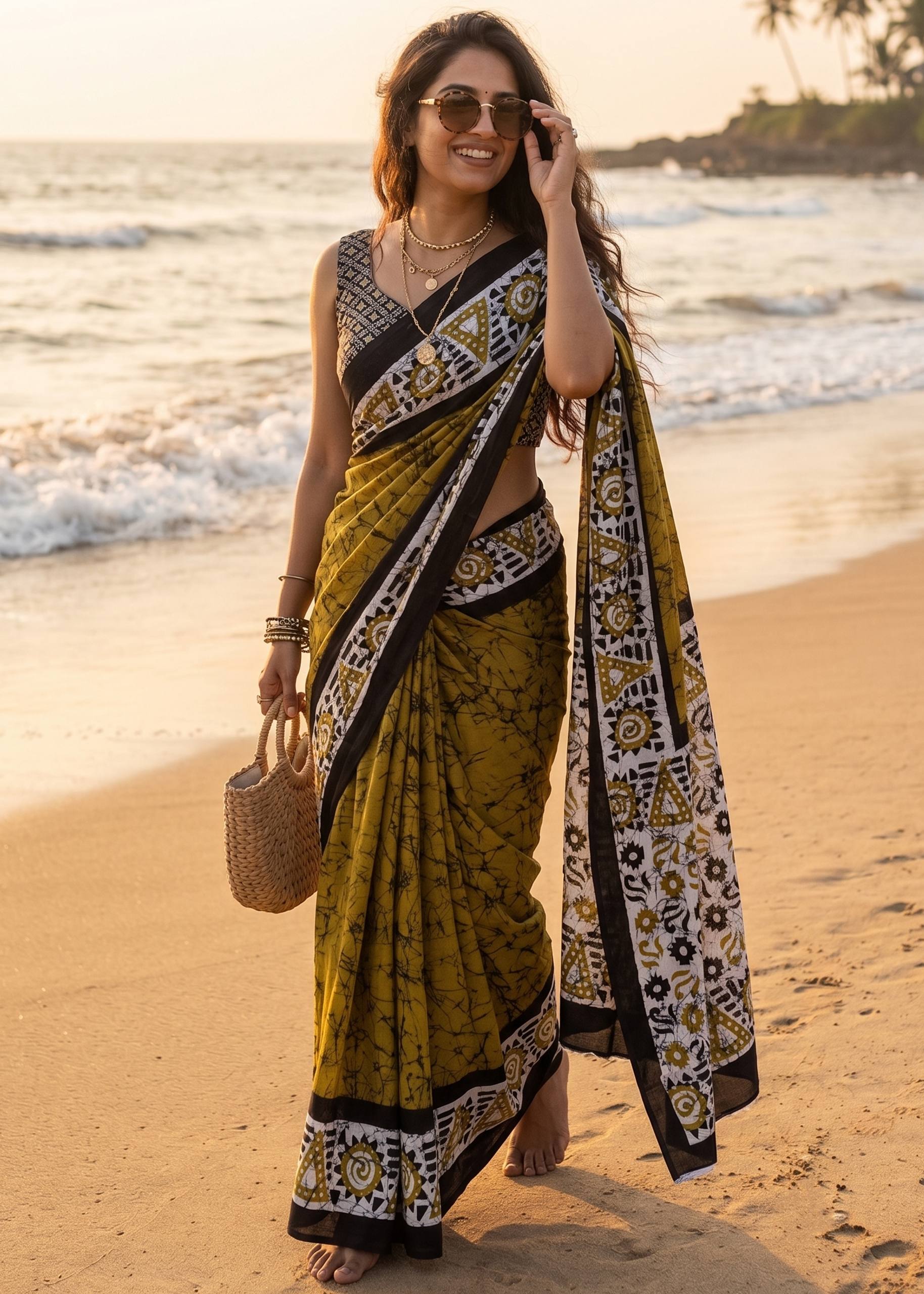 PURE SOFT MULMUL COTTON BATIK HAND BLOCK PRINT MULTICOLOR SAREE WITH BLOUSE