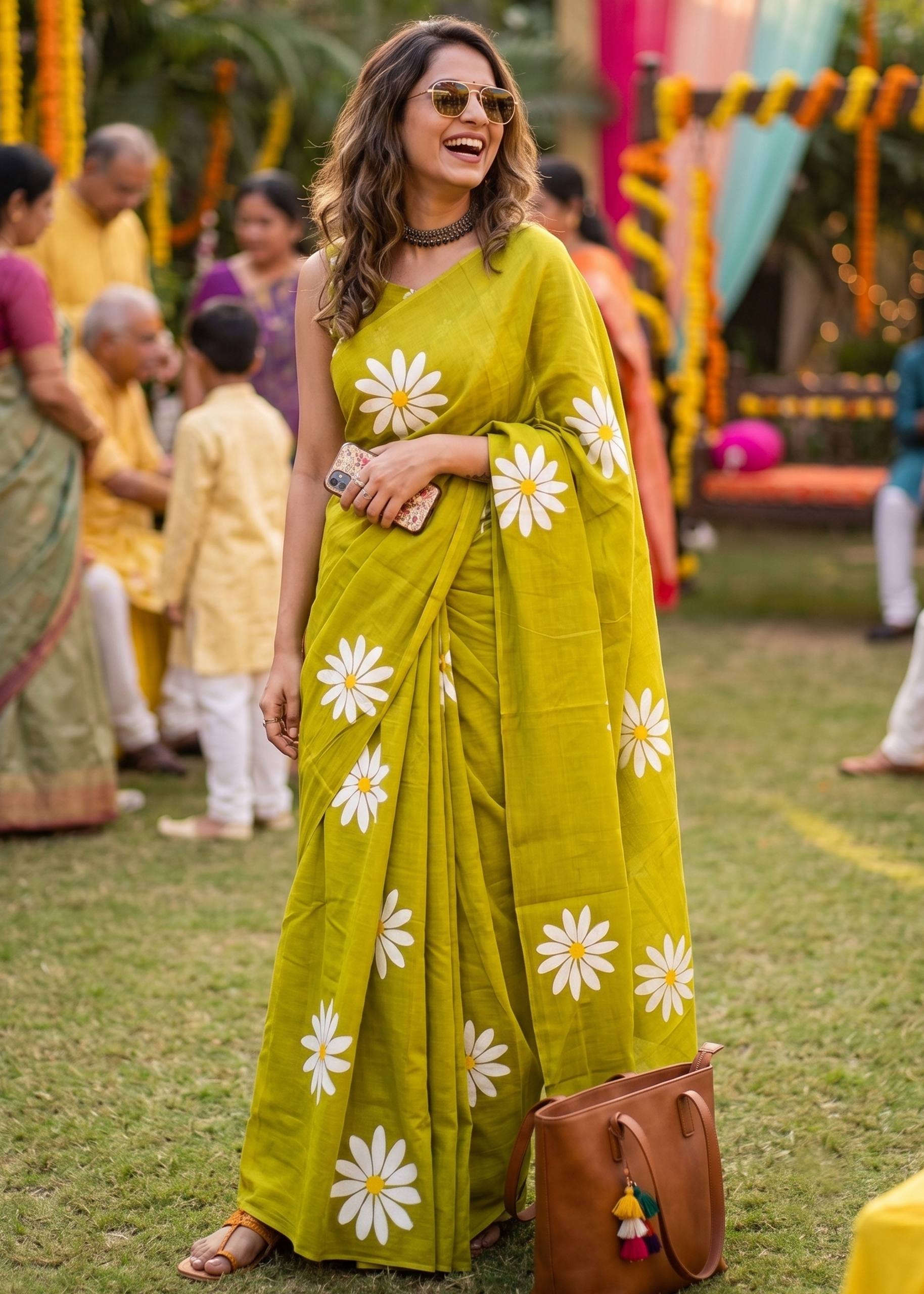PURE SOFT MULMUL COTTON FLOWER PRINT OLIVE SAREE WITH BLOUSE