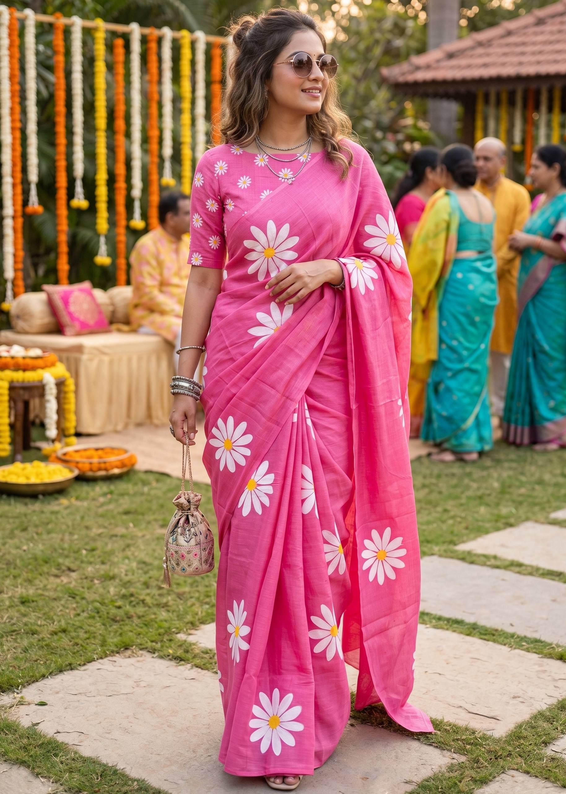 PURE SOFT MULMUL COTTON FLOWER PRINT PINK SAREE WITH BLOUSE