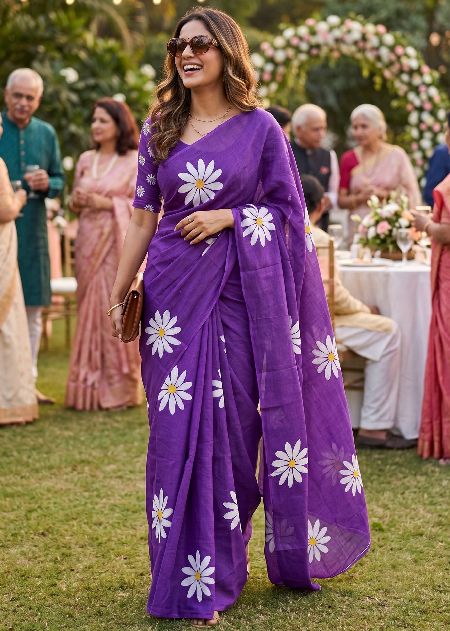PURE SOFT MULMUL COTTON FLOWER PRINT VIOLET SAREE WITH BLOUSE