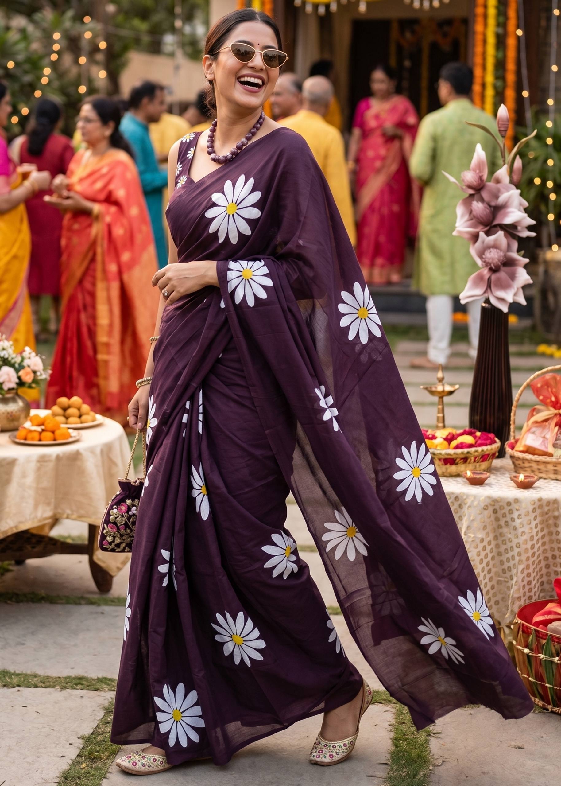 PURE SOFT MULMUL COTTON FLOWER PRINT PURPLE SAREE WITH BLOUSE