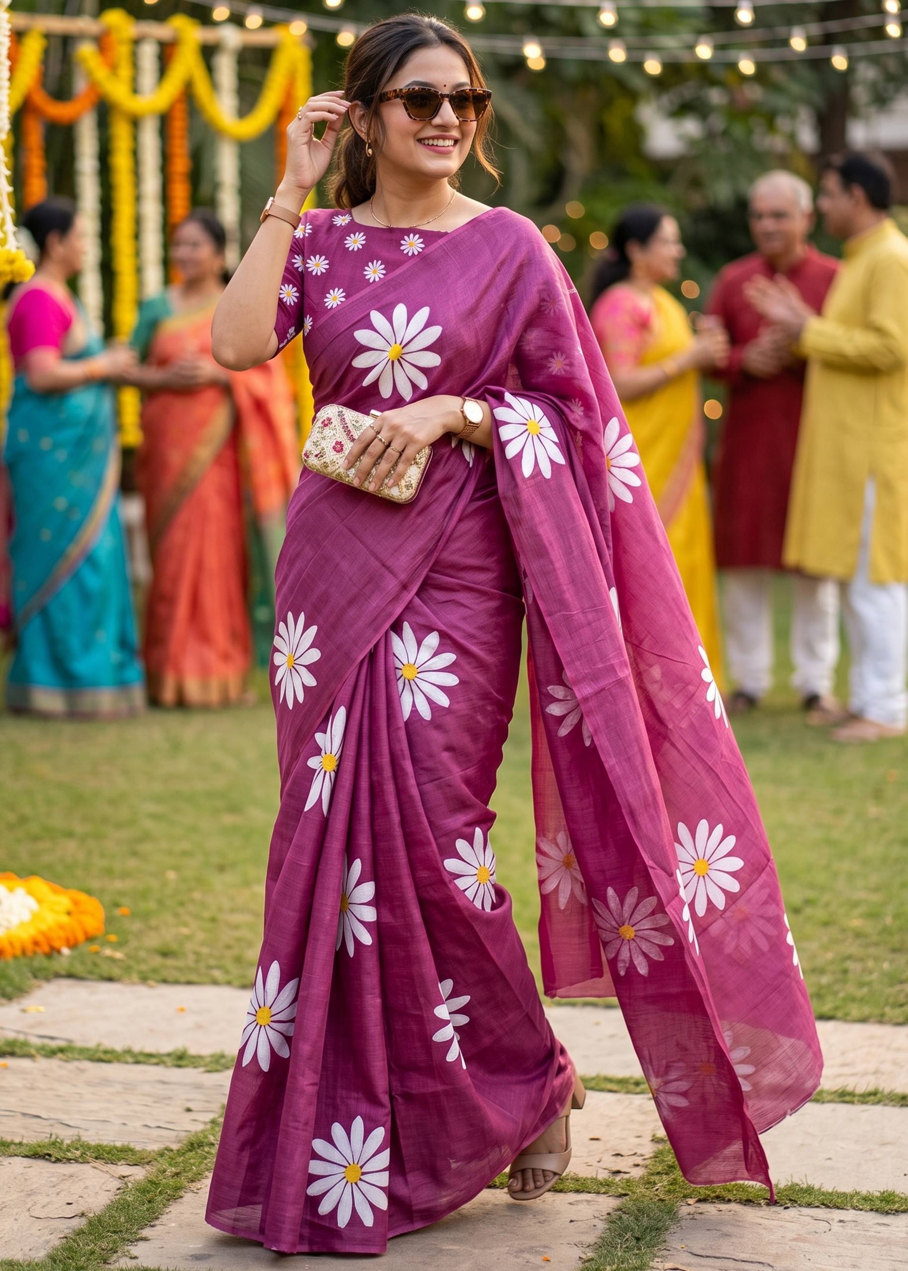 PURE SOFT MULMUL COTTON FLOWER PRINT MAGENTA SAREE WITH BLOUSE