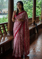 PURE SOFT MULMUL COTTON BATIK HAND BLOCK PRINT RED SAREE WITH BLOUSE