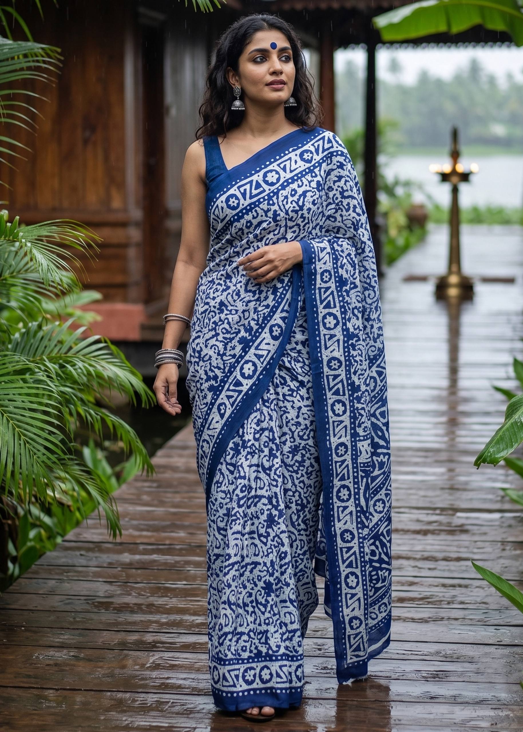 PURE SOFT MULMUL COTTON BATIK HAND BLOCK PRINT BLUE SAREE WITH BLOUSE