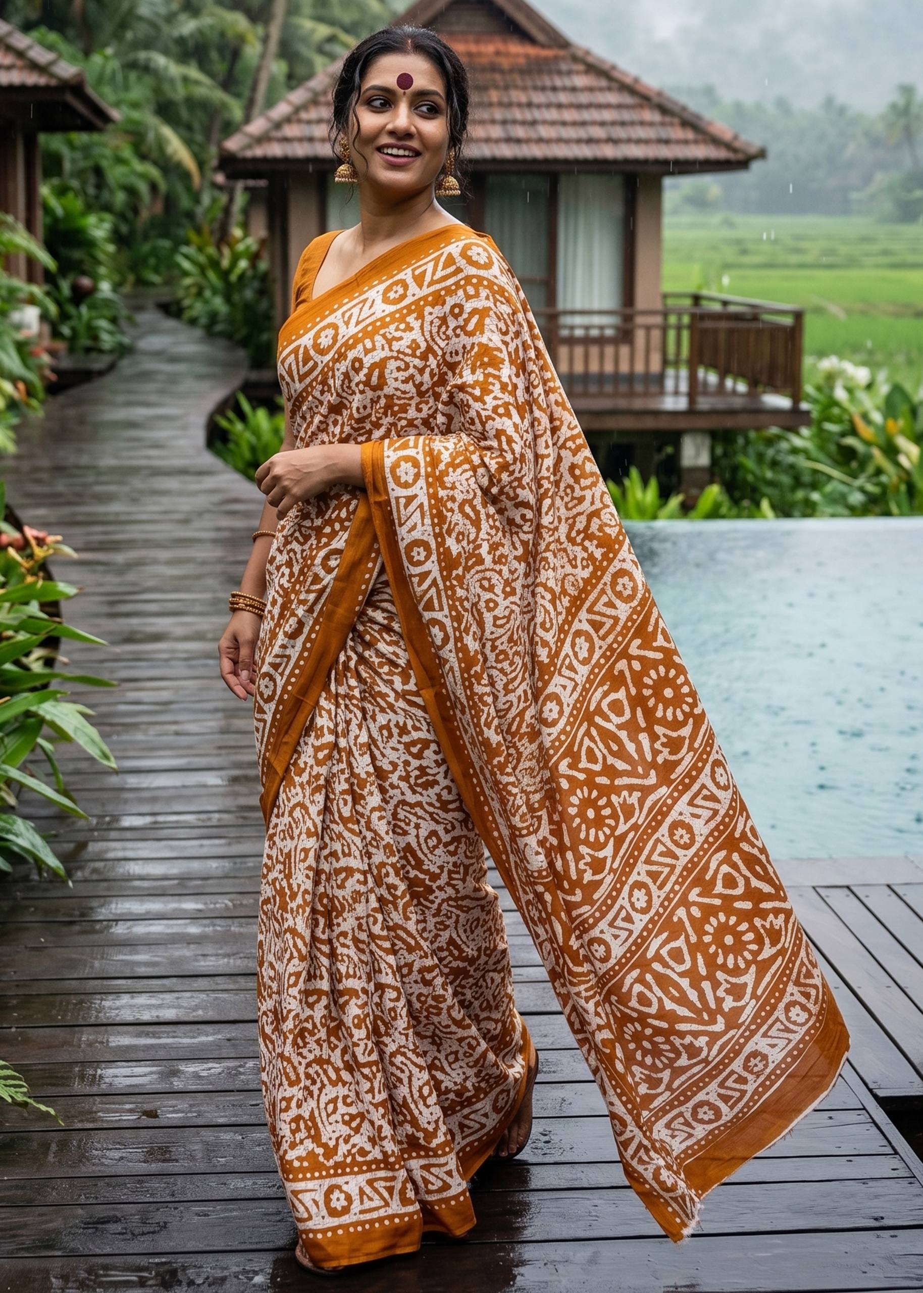 PURE SOFT MULMUL COTTON BATIK HAND BLOCK PRINT GOLDEN SAREE WITH BLOUSE